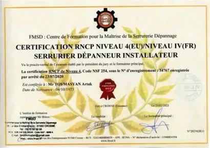 Certification RNCP Niveau IV – Serrurier Dépanneur Installateur (FMSD) – ART Serrurerie Multi-Service