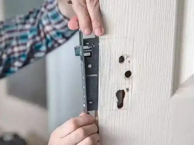 Serrure en cours d'installation sur porte d'entrée